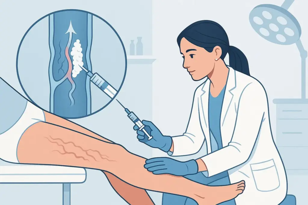 Ärztin injiziert Substanz in das Bein zur Behandlung.