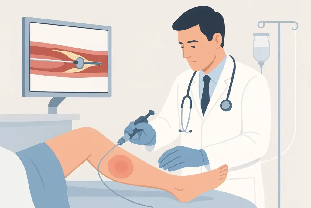 Arzt behandelt Bein, medizinische Untersuchung, Bildschirm zeigt Diagramm.