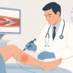 Arzt behandelt Bein, medizinische Untersuchung, Bildschirm zeigt Diagramm.