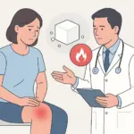 Arzt berät Patientin mit Kniebeschwerden.