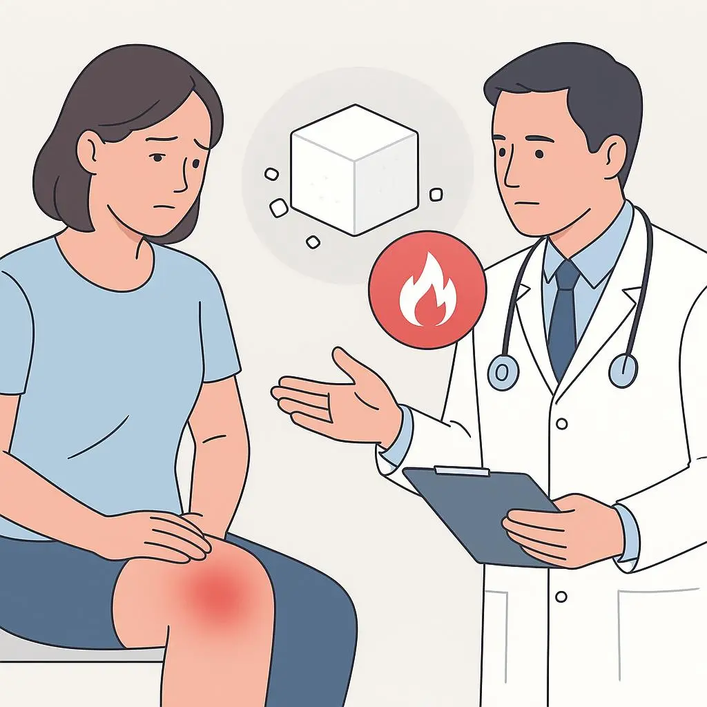 Arzt berät Patientin mit Kniebeschwerden.