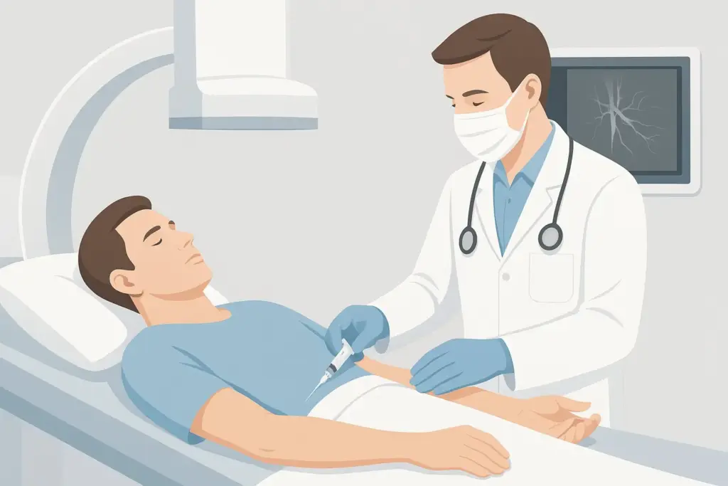 Arzt injiziert Patient in medizinischer Behandlung.