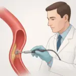 Arzt reinigt Blutgefäß mit Instrument.