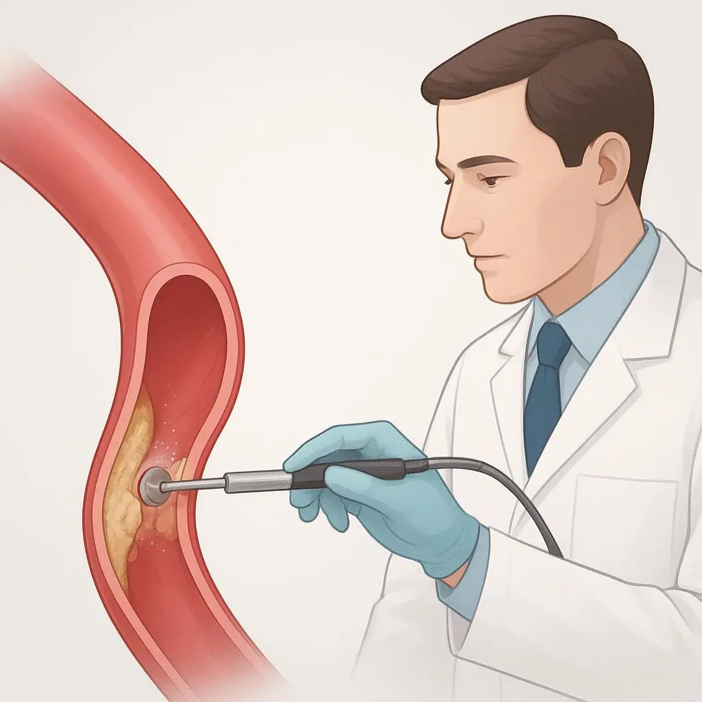 Arzt reinigt Blutgefäß mit Instrument.