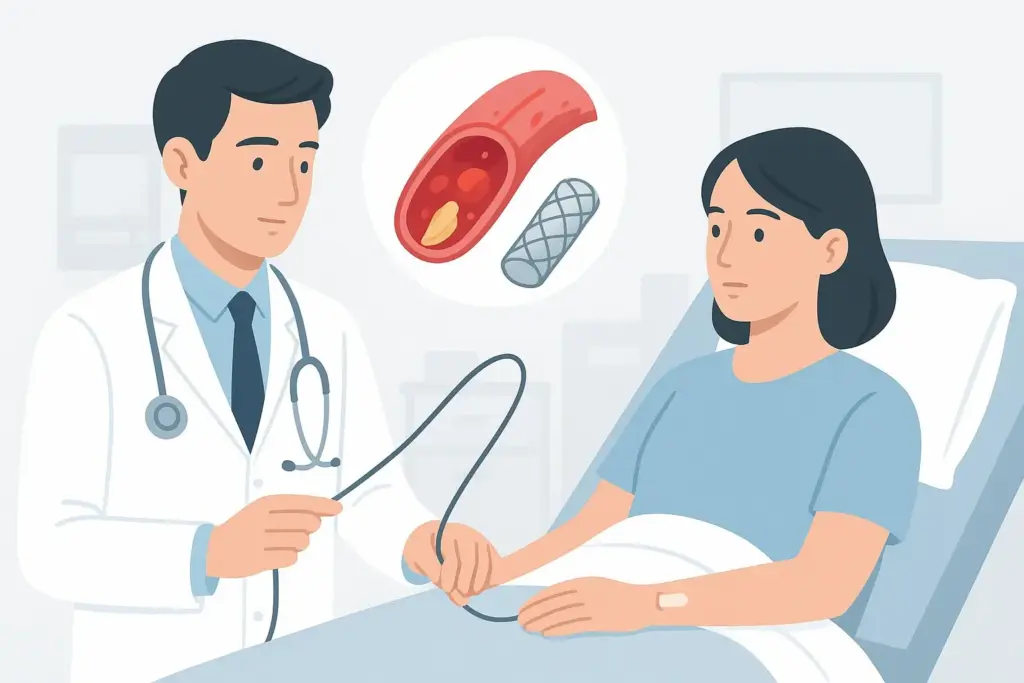 Arzt untersucht Patientin mit Stethoskop.