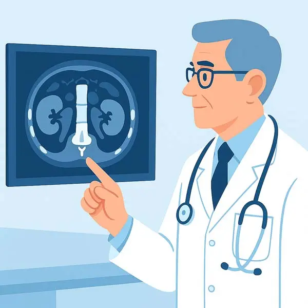 Arzt zeigt ein CT-Bild von Nieren und Harnwegen.