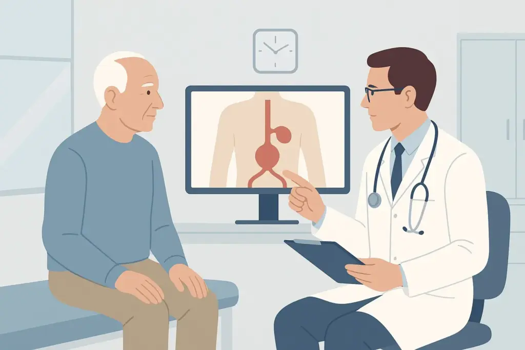 Arztgespräch über anatomische Körperansicht des Patienten.