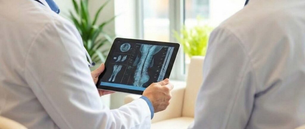 Aerzliche Beratung zur Venenabklaerung mit diagnostischem Bildmaterial