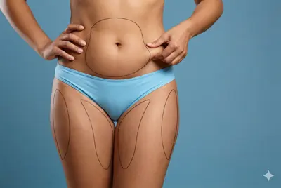 Ästhetische Liposuktion: markierte Behandlungszonen am Unterbauch und an den Hüften