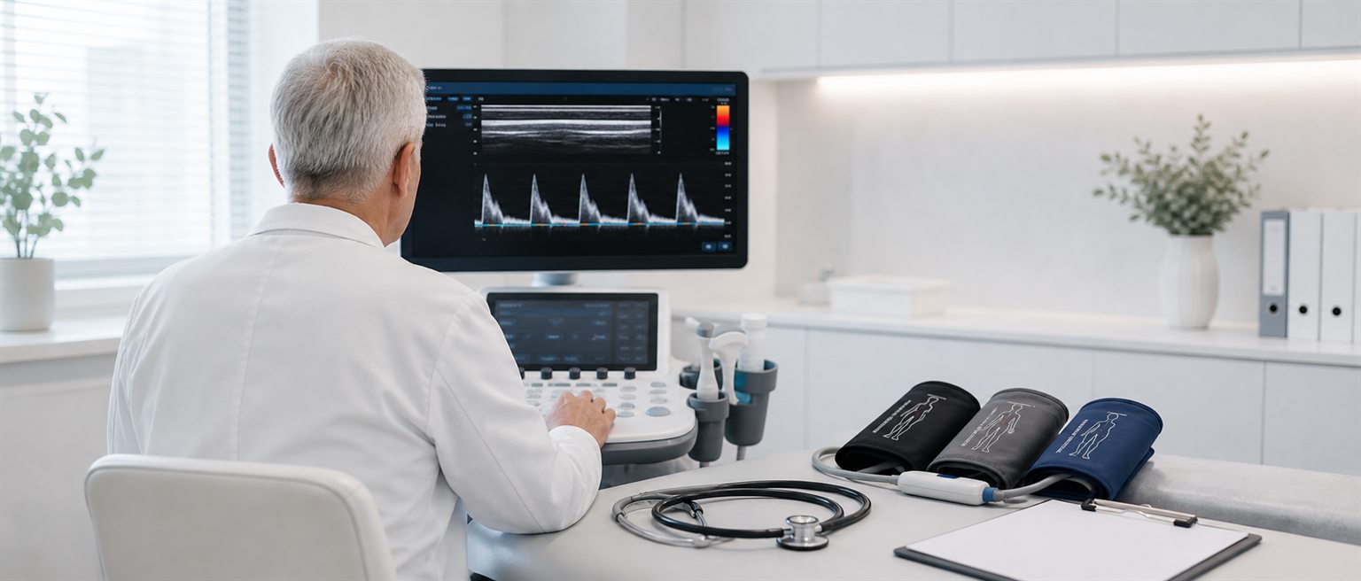 Dr. Moshar bei der Duplex-Diagnostik in der Gefäßpraxis